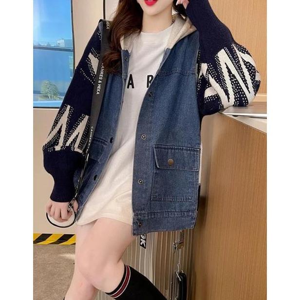 New Jaket Denim Zigzag Oversize - Jaket Zipper Hoodie Gaya Korean - Patch Work Jaket