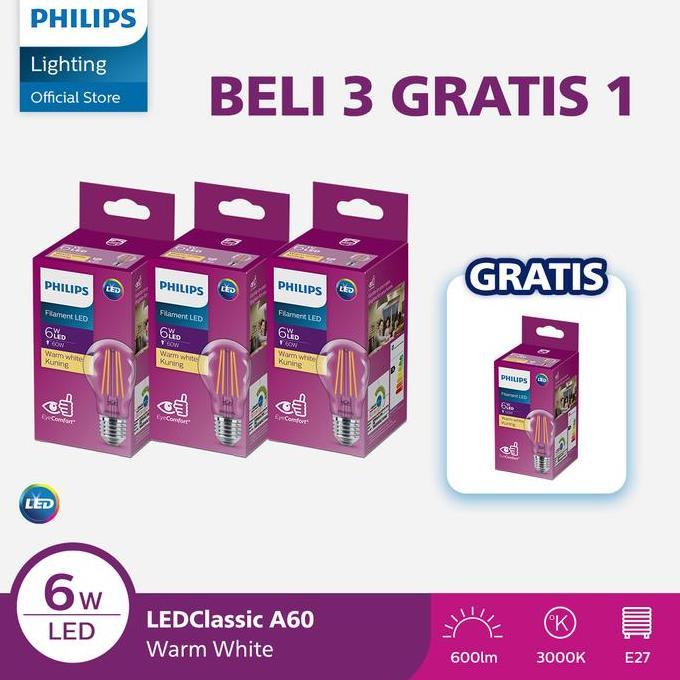 Ferkanada - Paket Lampu Philips Beli 3 Dapat 4  Lampu Philips Filament Bohlam LED 6W A60 E27 Kuning