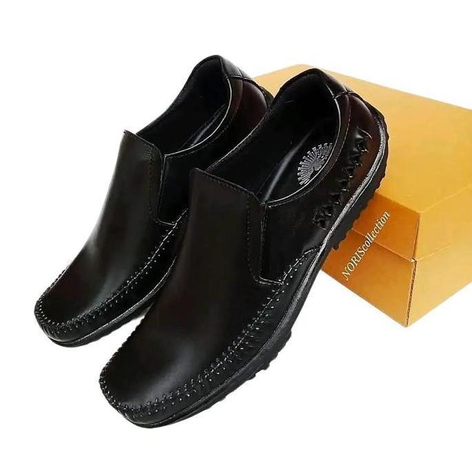 DF370 - Sepatu Santai Pria Kulit Asli Sepatu Kasual Pria Kulit Asli Hitam Flat Shoes Casual Kerja