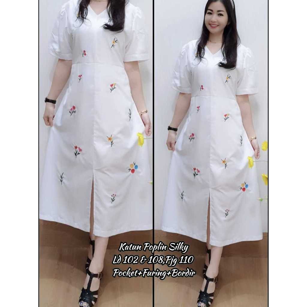 JESS Dress Wanita - Dress Putih - Dress Katun - Midi Dress Bordir