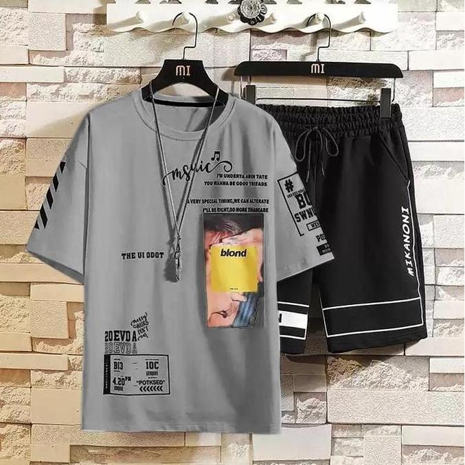Setelan mika moni jumbo XXL  satu set baju sama celana, Panjang Pria Pendek Dewasa Katun Polos Hitam