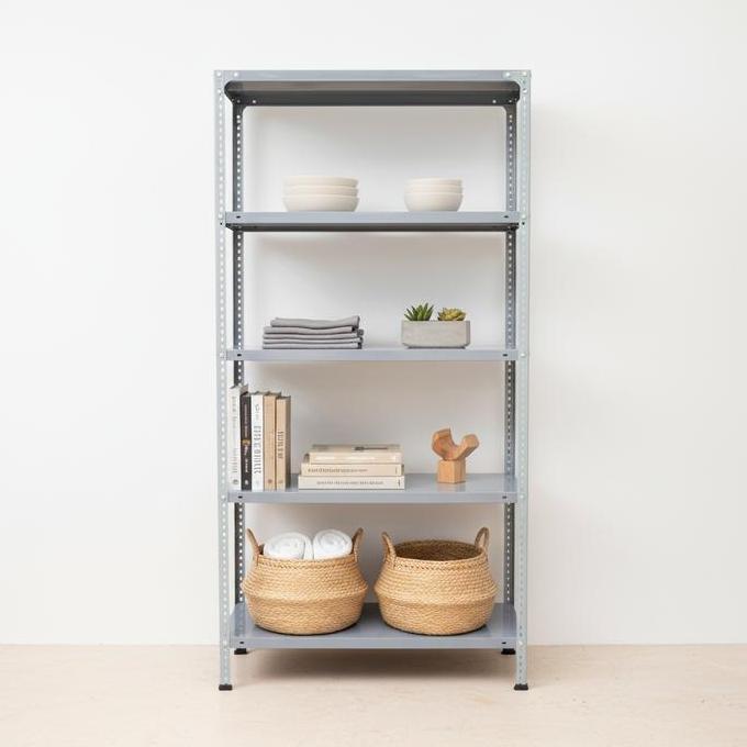 Rak Siku Lubang 5 Tingkat Ambalan Besi Gudang Kayu Plastik Penyimpanan Rumah Kantor Warung Warna Hit