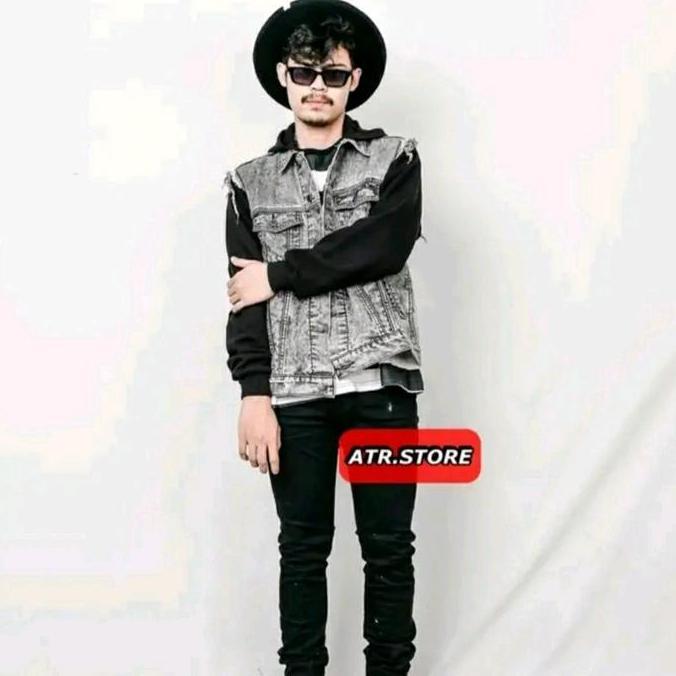 Larisyaa- Jaket Jeans Denim Cowok Kupluk Kombinasi Lotto Slimfit Hitam Pria Distro Casual - Formal, 