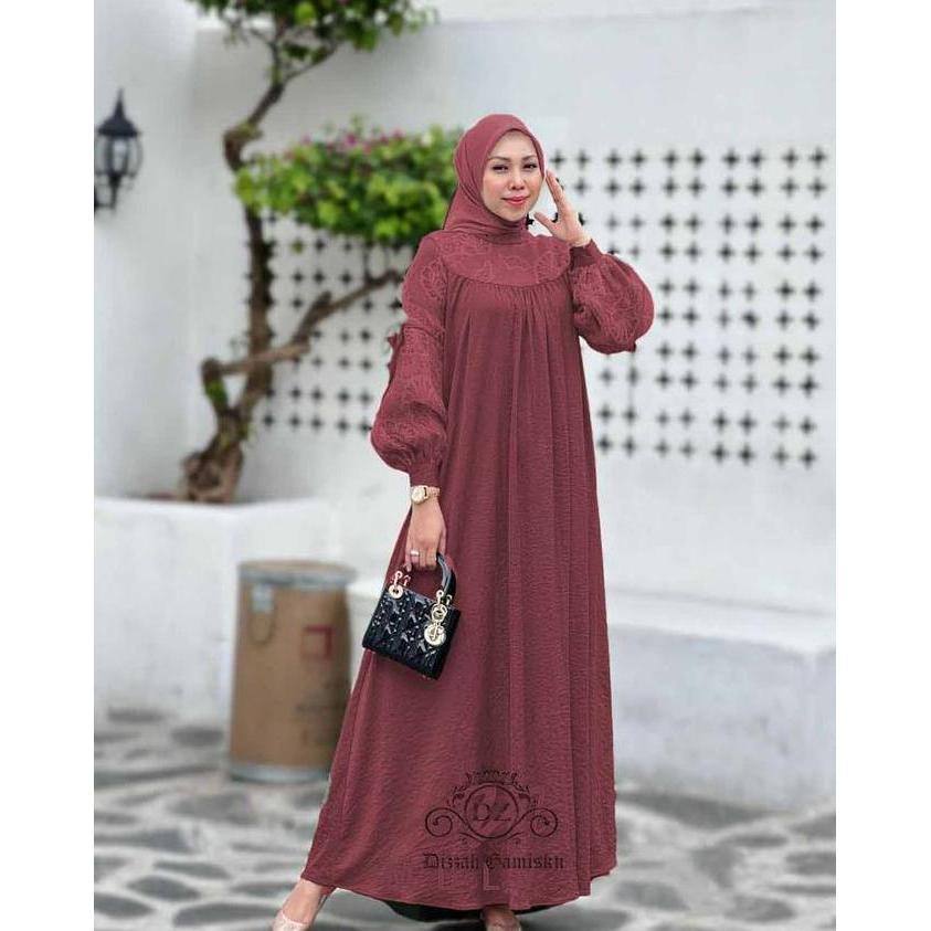 Bergaransi Dizzah Gamisku Andini Dress Gamis Polo Linen Mix Brukat Model Elegan Abu Coklat Wanita Mu
