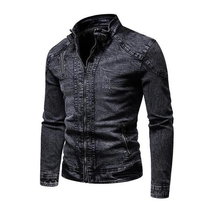 Larisyaa- Jaket Jeans Jaket Denim Pria Krah Tinggi Resleting Biker Hitam Atasan Pria Distro Keren Ka