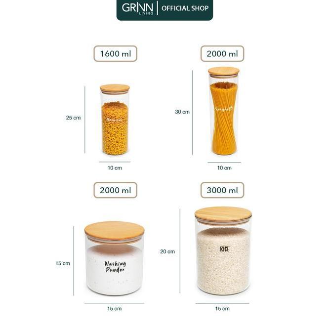 Iyakok- (Cod) Grinn Living Neron Jar / Toples Kaca Tutup Kayu / Bambu Untuk Tempat Spaghetti / Pasta