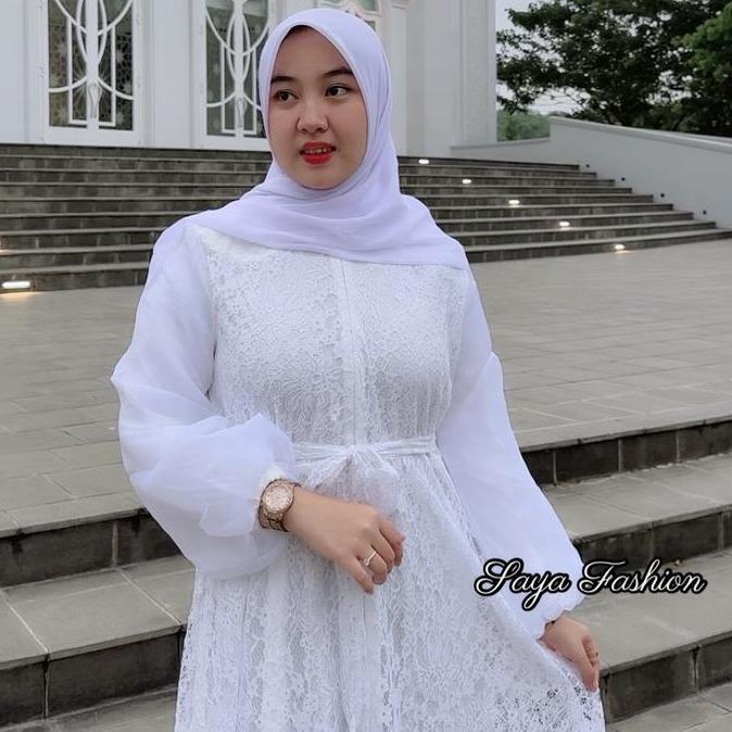 Sekarangaja- Gamis Putih Brukat Busui Tangan Organza Putih Polos Baju Maxi Muslim Lebaran 75611
