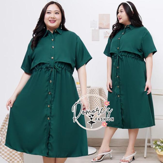 DS279 >> Domore Dress Jumbo Wanita Casual Gaun Big Size Dewasa Kancing Wanita Lengan Pendek Polos Pa