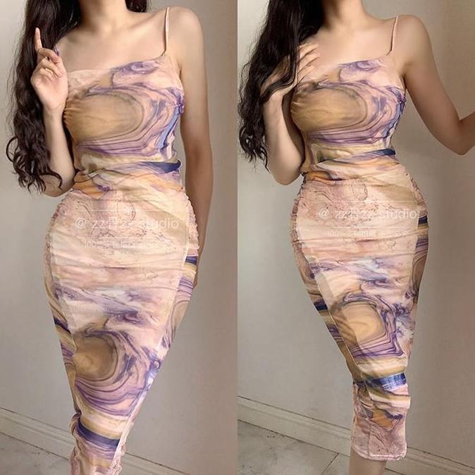 DS378 >> 5805midi dress vintage korea terbaru 2024 chiffon floral dress tanpa lengan big size cantik