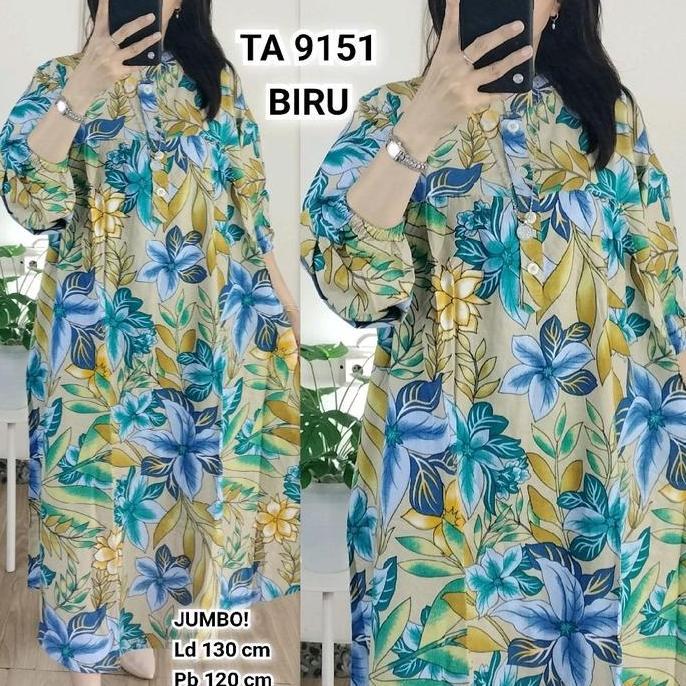 DS188 >> Midi Dress JUMBO Wanita LD 130 Bahan Katun Linen TA 9151, Fashion Muslim Motif Oversize Kan