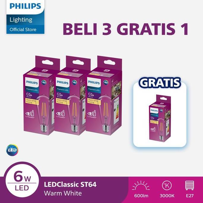 Paket Lampu Philips Beli 3 Dapat 4 Lampu Philips Filament Bohlam LED 6W ST64 E27 Kuning