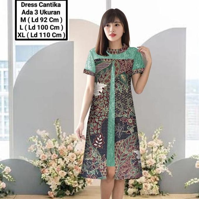 Alf-Dress Cantika Girl Midi Model Terbaru Matt Batik Kombinasi Brokat Mutiara Modern Elegant Cocok U