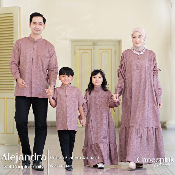 Alejandra Set Couple Gamis Koko Wanita Muslim Sarimbit Cotton Arabian Jacquard Motif Abstrak Kondang
