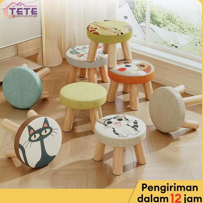 CARADA TETE(TOK-Kayu Canvas Luxury Stool Kursi Pouf Bulat Kanvas Set Estetik Bangku Kayu Kursi Bakso