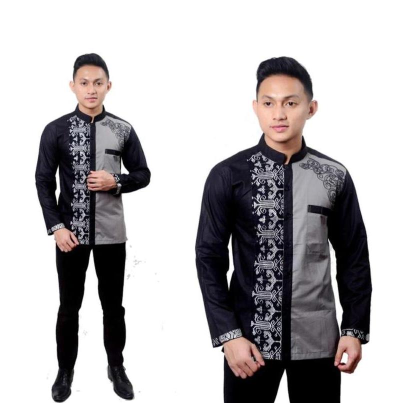 Baju Koko Pria Dewasa Terbaru Lengan Panjang Kombinasi Batik Muslim Bordir Formal Katun Mikro Nyaman