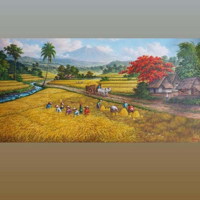 Terlaris Lukisan Kanvas Panen Raya Padi Bersertifikat 100X200Cm - Lukisan Panen