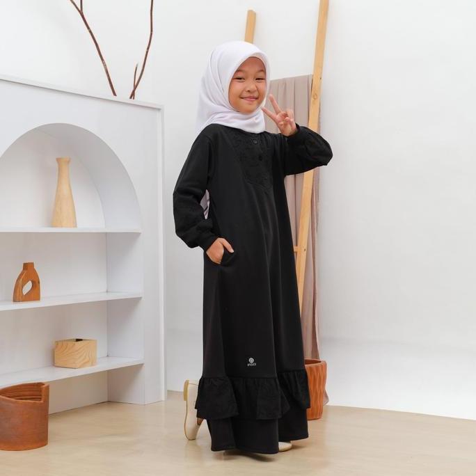Applekidz Gamis Kaos Anak Remaja Tanggung Perempuan SUCI HITAM Muslim Baju Dress Syari Katun Cewek L