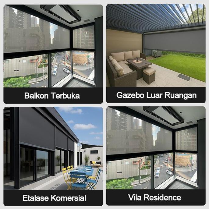 Tirai Teras Anti Panas Dan Hujan Roller Blinds Outdoor Blackout 60% Tirai Gulung Anti Hujan Bernapas