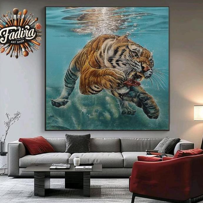 Terlaris Lukisan Dinding Ruang Tamu Harimau Memangsa Dalam Air Modern Art Painting