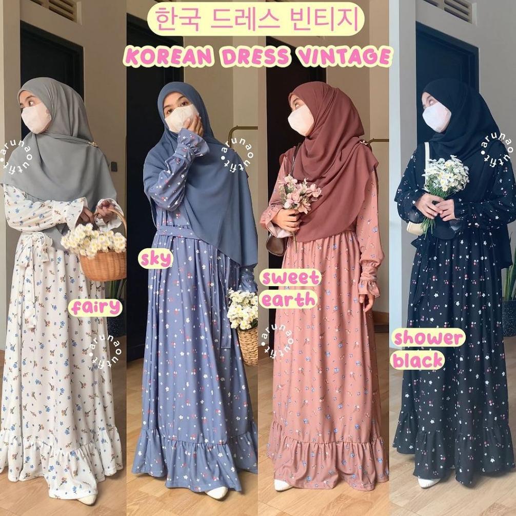 Garansi Korean Dress Vintage Set Gamis Hijab By Aruna Outfit