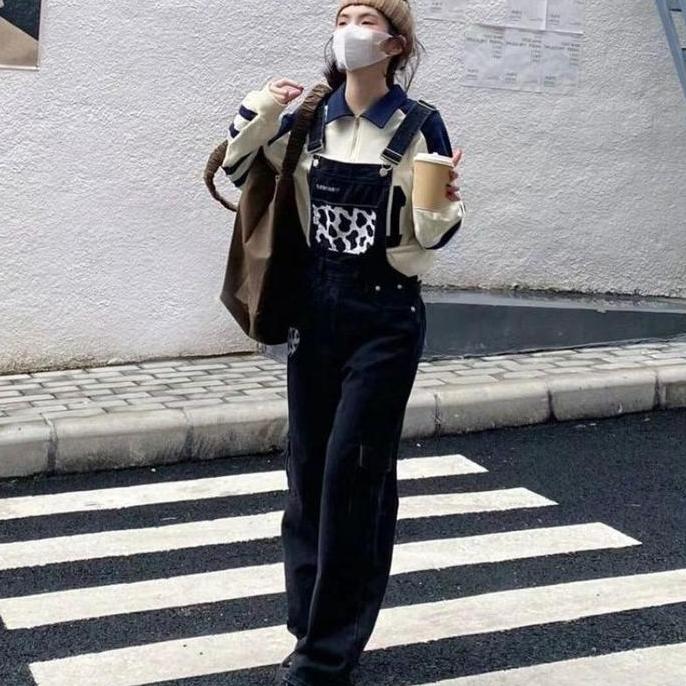 DF395 - Xiyue Celana Wanita 0072 Cinta Sapi Bordir Tali Jeans Lurus Lebar Kaki Longgar Celana Jeans 