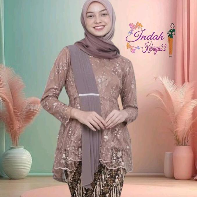 DS138 >> Atasan Kebaya Modern Elegan Aurora Selendang Brokat Tile Bordir Mutiara Dress Wanita Kondan