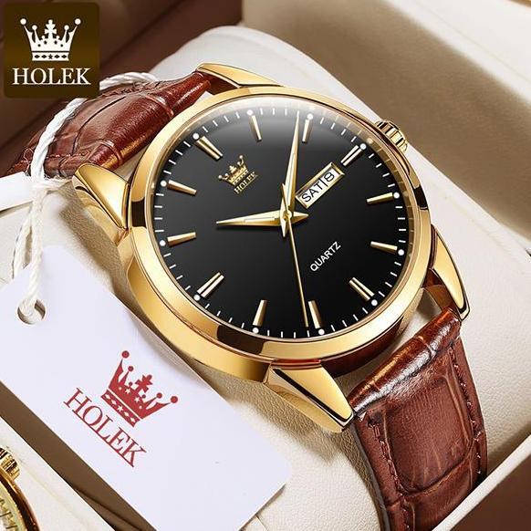 DF306 >> HOLEK H001 Jam Tangan Couple Pasangan Anti Air Bisnis Fashion Tali Kulit Original Quartz Wa