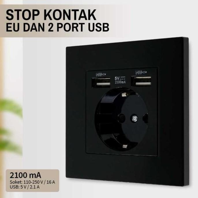 OSHAKAN Stop Kontak Dinding EU Colokan Listrik Dinding dan 2 Port USB 2100 mA
