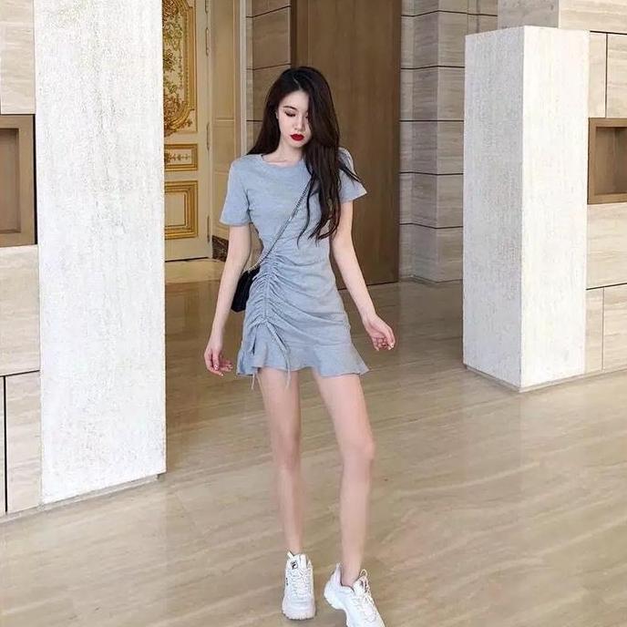 DF97 >> - Daniela Dress Mini Jersey Rufle Serut Bodycon Dress Slim-fitting Polos Casual Wanita Pesta