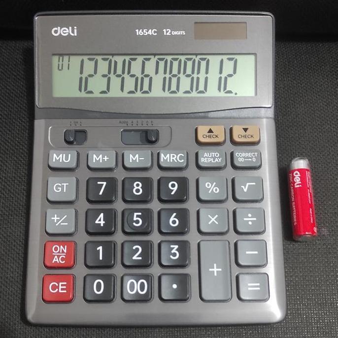 NEW Kalkulator Besar 12 Digit Cek Ulang Metal Baterai AA A2 Deli E1654