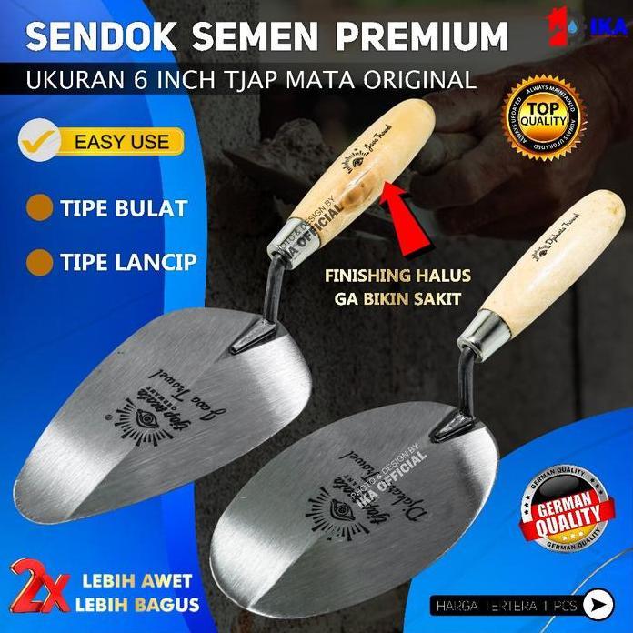 Terlaris - Tjap Mata Sendok Semen Lancip 6" Stainless Gagang Kayu Model ProfilSendok Semen Gagang Ka
