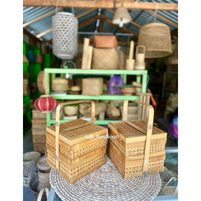 hot deals rantang bambu kotak 25x25 cm susun 2 asap | rantang bambu anyaman | rantang bambu kotak | 