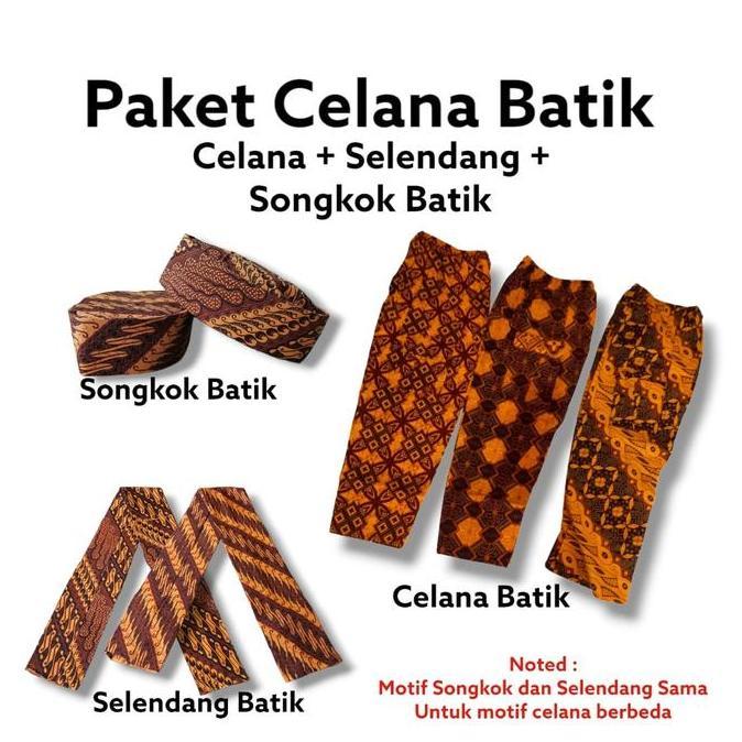 Paket Celana Batik Anak Sampai Dewasa Adat Betawi Dapat Syal Selendang dan Songkok Batik Coklat Panj