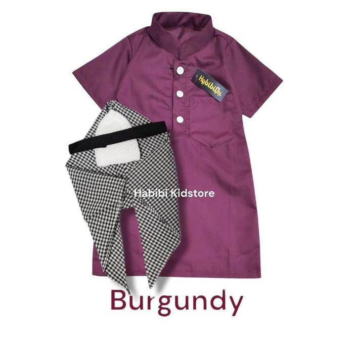 GAMIS KOKO BAYI SET SORBAN 0-2 TAHUN GAMIS JUBAH BAYI WARNA BURGUNDY LENGAN PENDEK BAHAN TOYOBO PREM