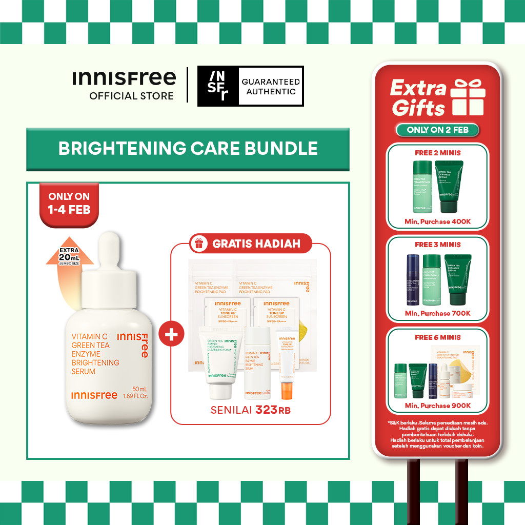 Buy 1 Get 7 Innisfree Vitamin C Green Tea Enzyme Brightening Serum 50ml Set Bundle - Serum Pencerah 