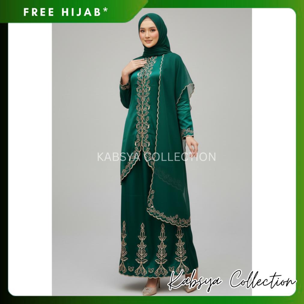 INSTANT COD - Setelan Kebaya Kurung KHARISMA Dan Selendang Organza Set Baju Kurung Full Bordir Pelan
