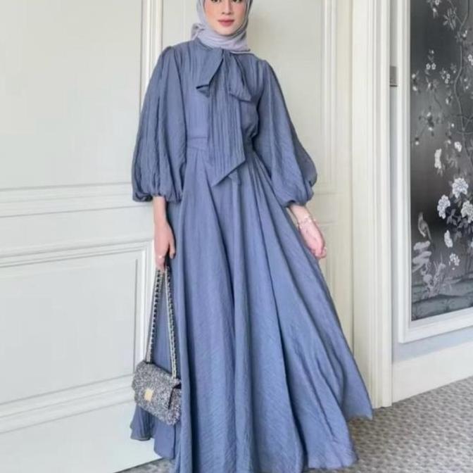Hot Sale, Hanin Dress Wanita Gaun Pita Panjang Gamis Remaja Lengan Karet Abaya Bahan Jatuh Kekinian