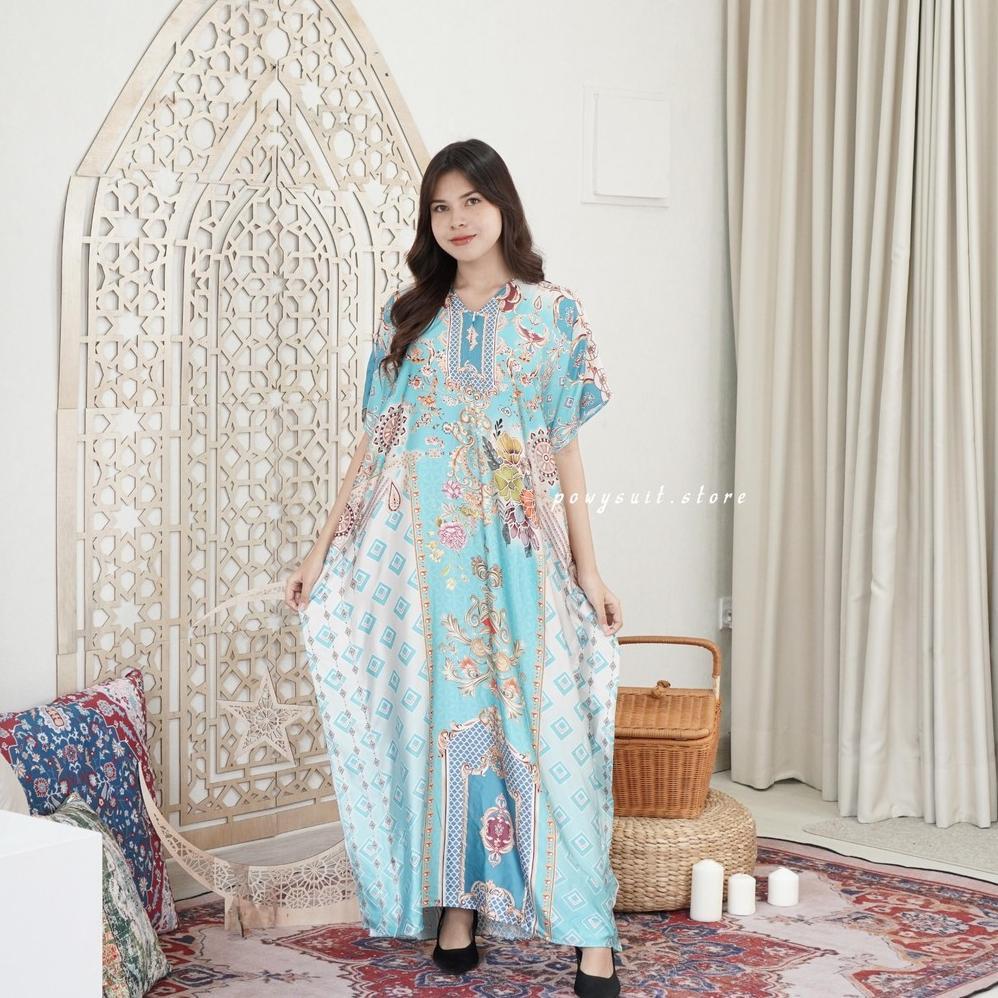 Kaftan Powysuit Lebaran Muslim wanita Motif Satin Silk Dress Jumbo 2025