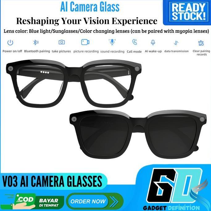 SMO V03 AI-Vision Smart Glasses Kacamata pintar Bluetooth perekaman video, audio, AI, Kamera