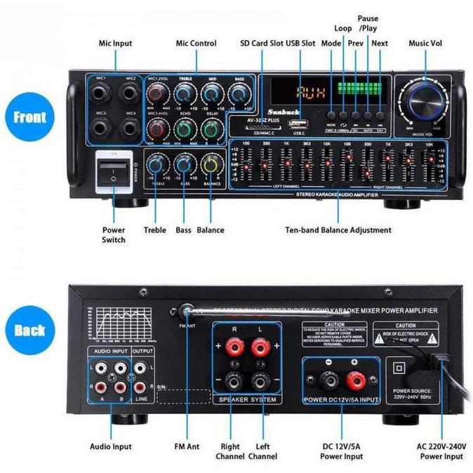 TEKNOWERN Sunbuck Audio Amplifier Bluetooth EQ Karaoke FM 2000W