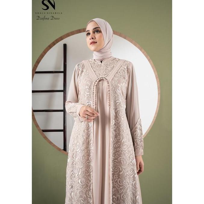 Shalu Nisabila - Dzafina Gamis Dress Gaun Panjang Mewah Brokat Tile Baju Muslimah Brukat Tile Wanita