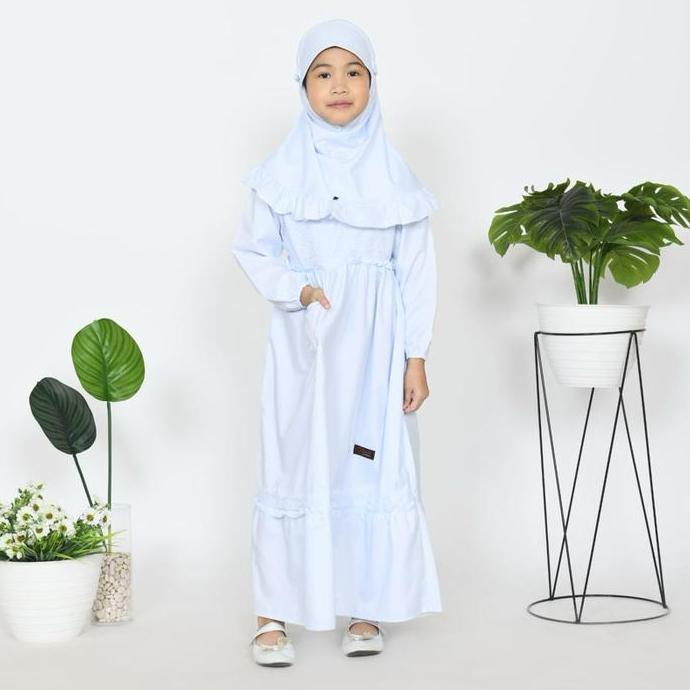 Gamis Anak Putihan Usia 3-12 Tahun Baju Muslim Pashmina Crepe Linen Motif Polos Nyaman Untuk Sekolah
