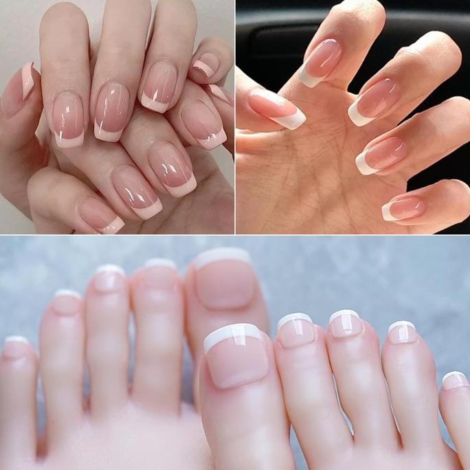 Pickme- 24Pcs Set Kuku Palsu Tangan Dan Kaki Model French Manicure + Lem Tahan Air Fake Nails Art Br