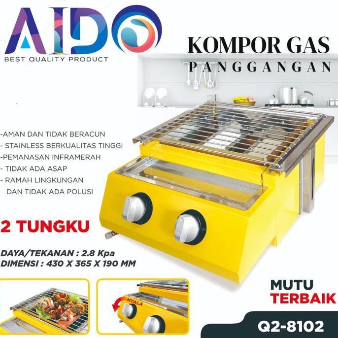 TERMURAH - AIDO Kompor Gas Panggangan Sosis Sate Bakar 2 Tungku BBQ Grill Alat Pemanggang Stainless 