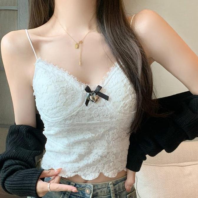 Ready LNR Shop Tanktop Full Brukat Dengan Lonceng Love dan Pita ada Cup Pad Bra Busa Empuk Import Le