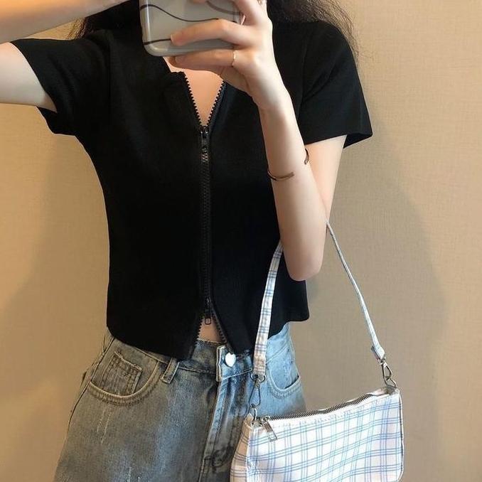 DY121 - Baju Jipper Slim-Fit Lengan Pendek Baru Ritsleting Pinggang Midriff-Baring Top Mode Wanita P