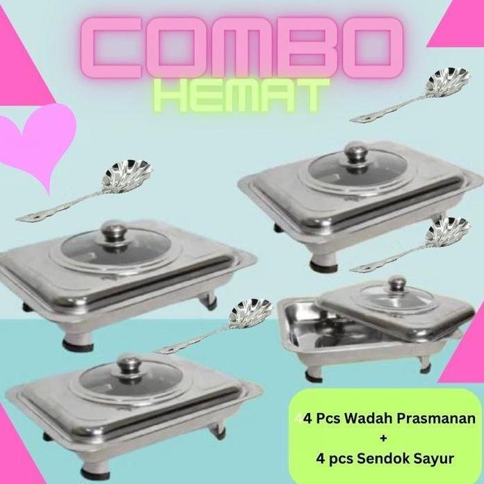 Ready- COD Set Wadah Prasmanan Stainless Steel isi 4 + Sendok Sayur 4 pcs Wadah Prasmanan