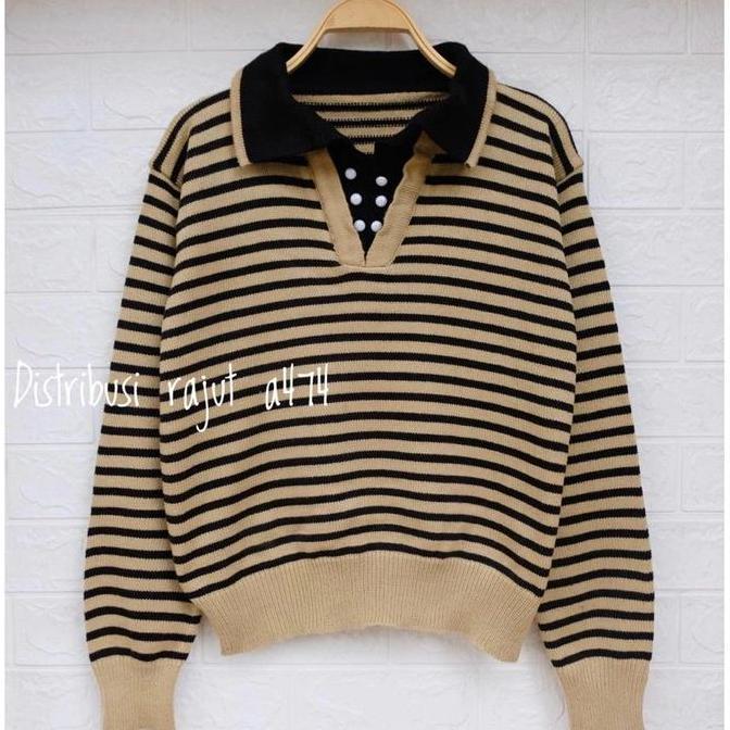 DF385 - OZAWA POLO SWEATER RAJUT MOTIF STRIPE WANITA LENGAN PANJANG Outer Salur Nyaman
