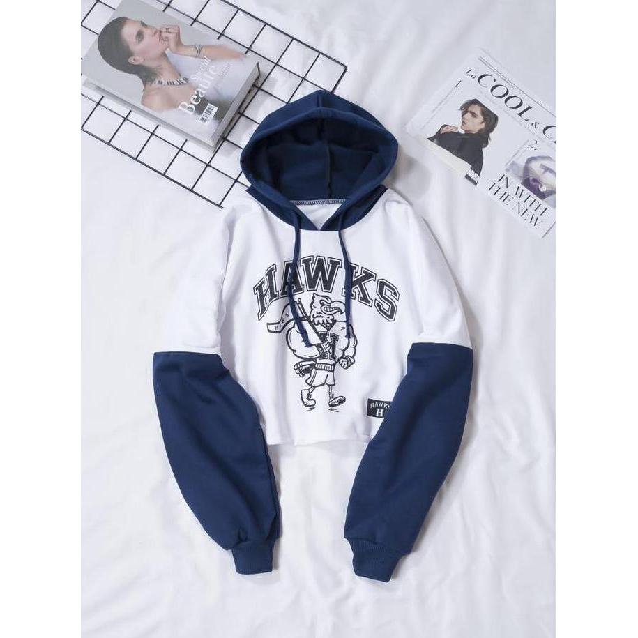 DF295 - ZY - Sweater Crop Hawks Wanita  Atasan Wanita Sweater Hoodie Crope Style Switer Kombinasi Sw