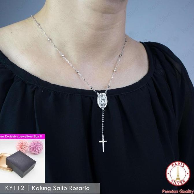 Kalung Salib Rosario Perak Asli Silver 925 Lapis Emas Putih Liontin Bandul Bunda Maria Cewek Cowok J